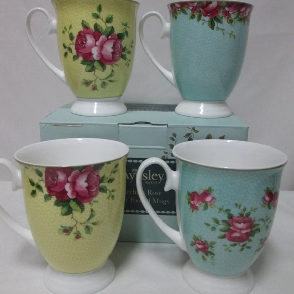 AYNSLEY Archive Rose footed Mugs Cups floral yellow blue Footed Fine China NEW - Picture 10 of 10